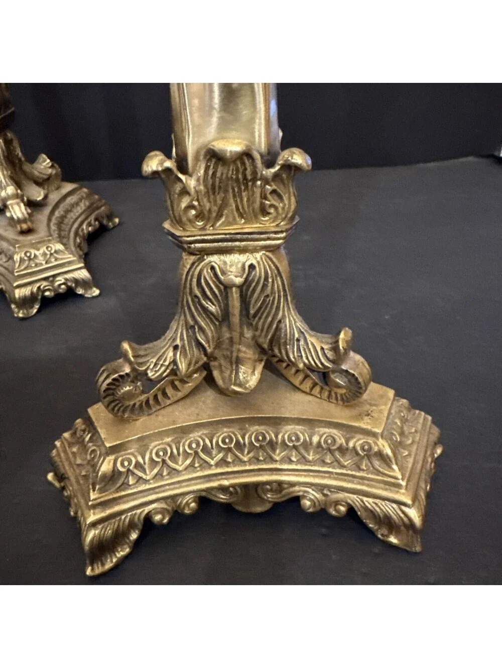 Antique Bronze Ornate Elegant Pair Of Gilt Bronze Candlesticks Stunning 13 3/8”H
